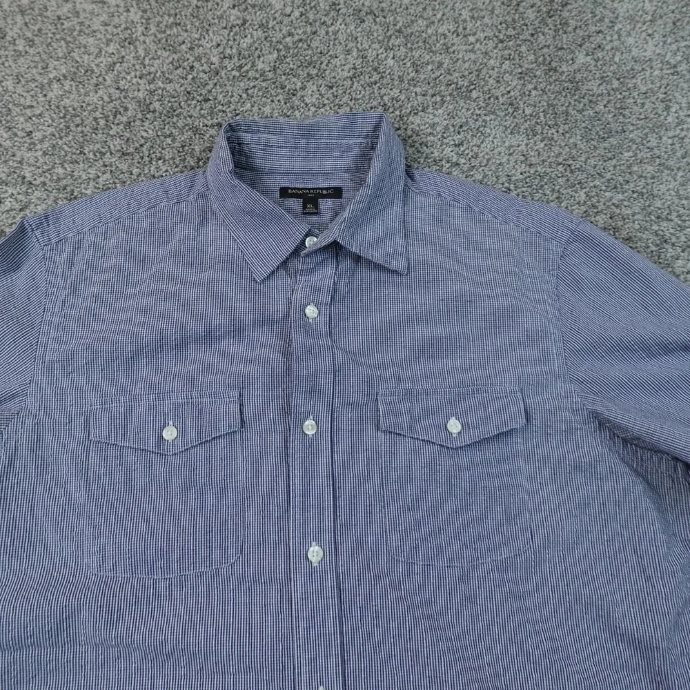 Banana Republic Shirt Mens XL Blue Micro Gingham Check Seersucker Button Up Top